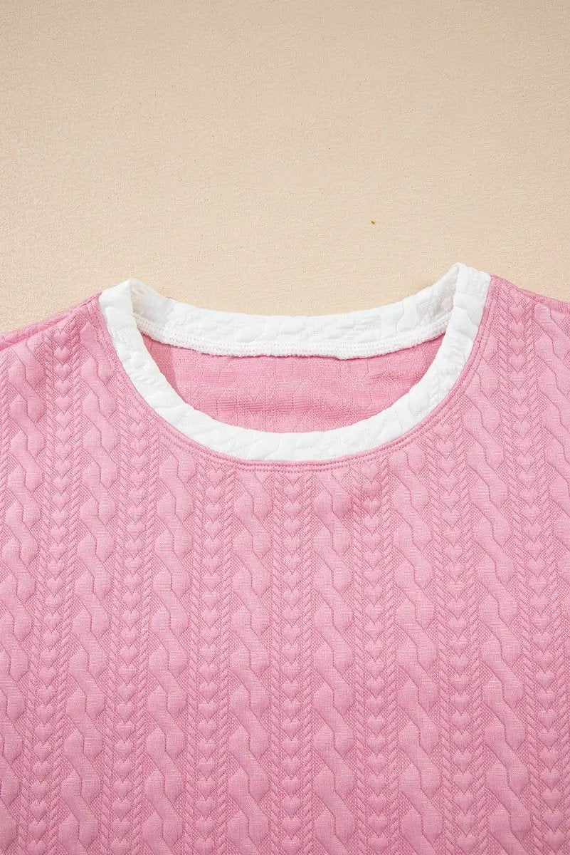 Pink Contrast Trim Textured Crewneck Tee And Pocketed Skirt Set - Love Salve